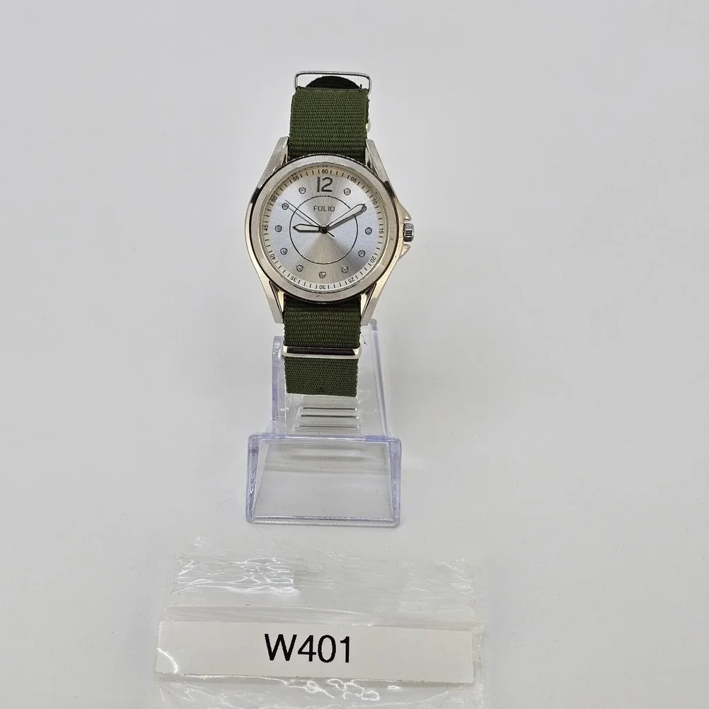 Folio Men's Analog Watch 38MM Gray Dial NEW Army Green Canvas Band NEW Battery